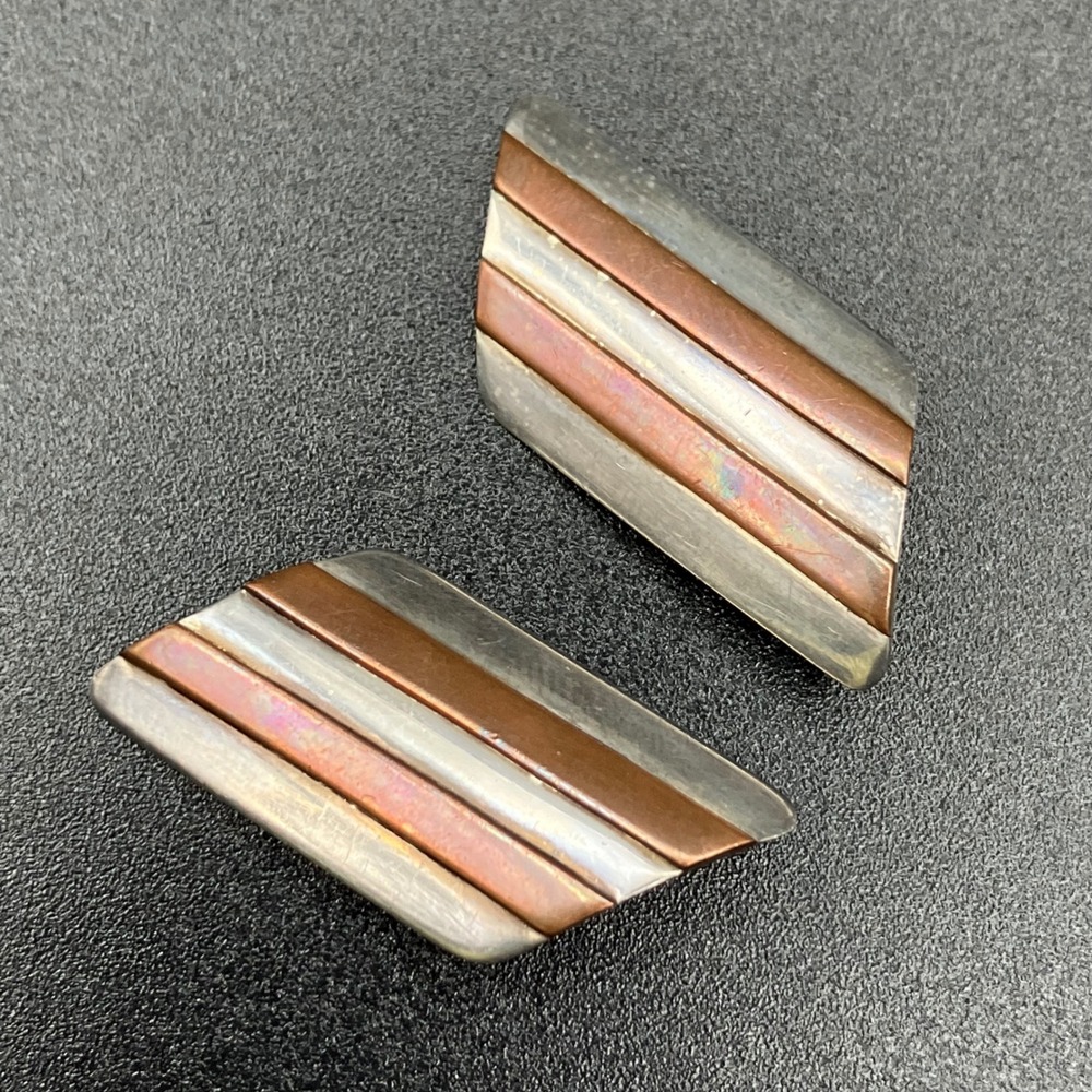 Vintage Sterling Silver Clip On Earrings Two Tone Striped Geometric 1.35"